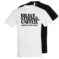 Біла футболка з патріотичним принтом "BRAVE.STRONG.UNITED."; унісекс; 100% бавовна, якісний друк