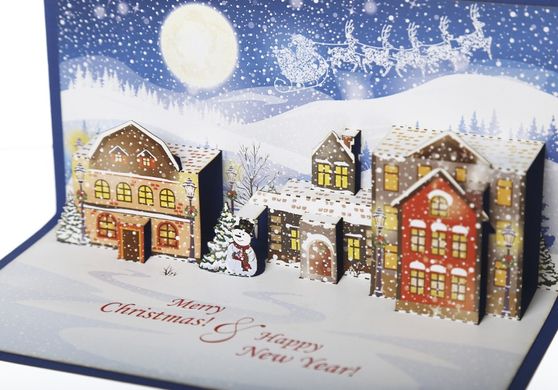 Объемная новогодняя открытка «Зимний город ночью» 3D