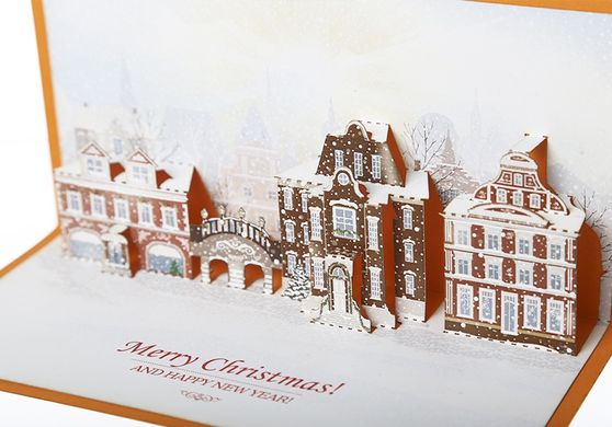 Об'ємна новорічна листівка 3Д «Зимове місто ретро» Merry Christmas
