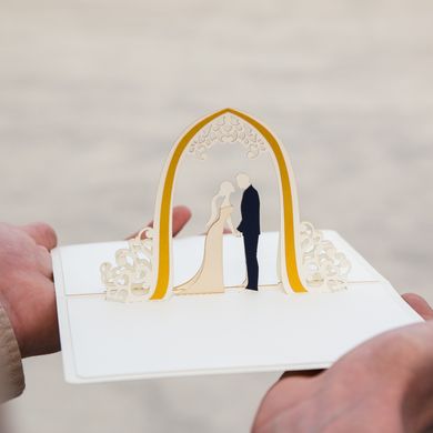Об'ємна 3Д листівка на Весілля з аркою "Молодята" + конверт для грошей; Весільний вітальний набір 3в1